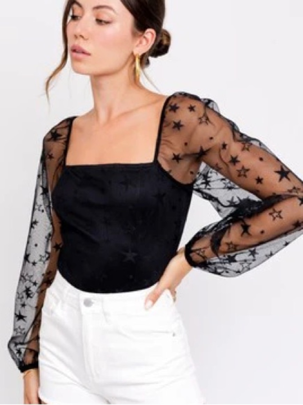 Le Lis Black Star-Embroidered Mesh Long Sleeve Square Neck Bodysuit